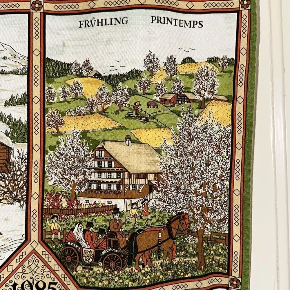 Vintage 1985 Alba cotton calendar‎ tea towel/European scenes of the four seasons